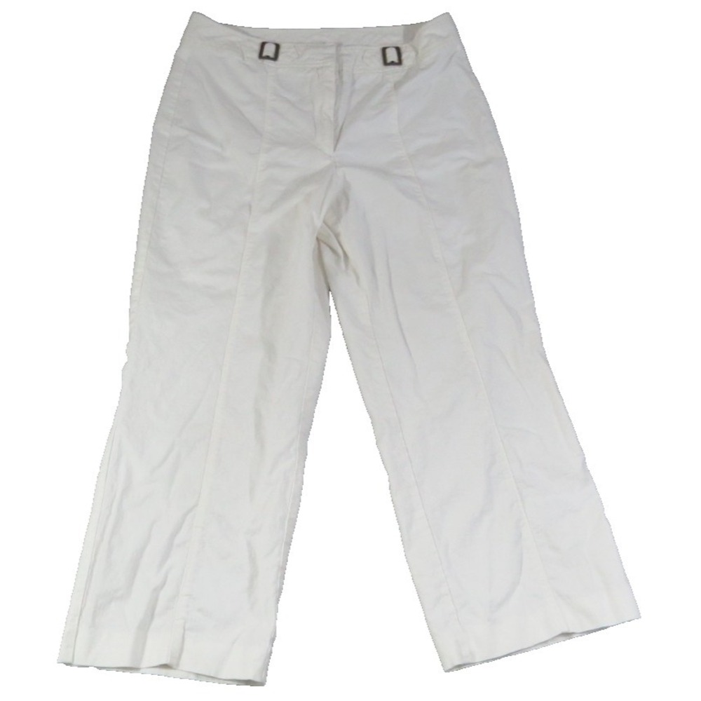 RQT Womens 12 White Linen Rayon Capri Pants Buckle Waist Cropped Wide Leg Boho!!